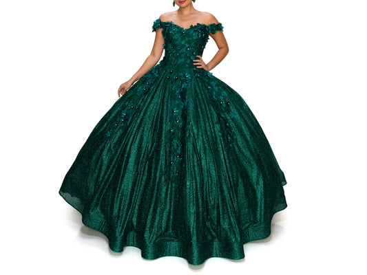 Hunter Green Quinceanera | 6 Colors | 3D floral off-shoulder ball gown with glitter skirt, bottom pleated, corset back tie - front view of woman wearing dress with one hand on hip