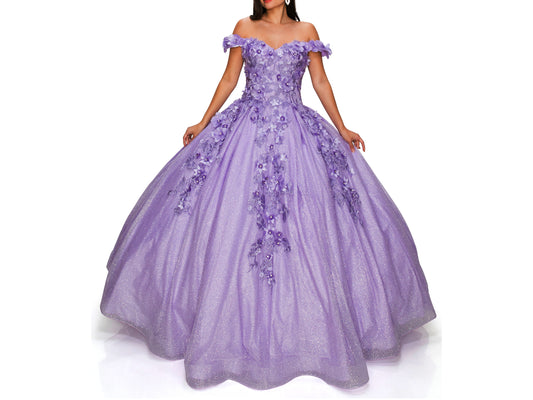 Lilac Quinceanera | 6 Colors | 3D floral off-shoulder ball gown with glitter skirt, bottom pleated, corset back tie - front view of woman wearing dress