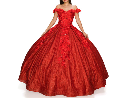 Red Quinceanera | 6 Colors | 3D floral off-shoulder ball gown with glitter skirt, bottom pleated, corset back tie - front view of woman wearing dress with hands on skirt