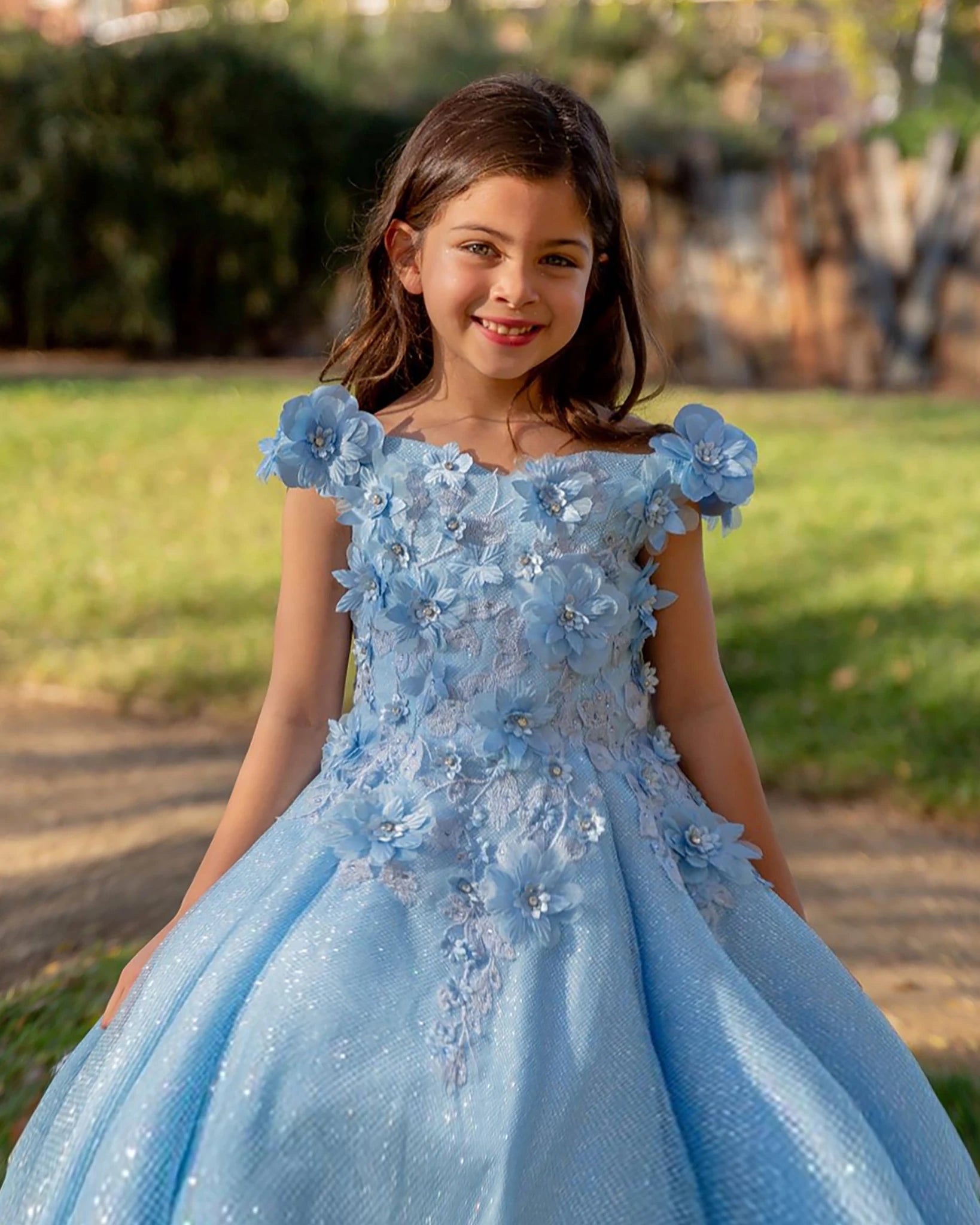 Light Blue Quinceañera Dress with 3D Floral Appliqués and Sweep Train 2XL / Light Blue
