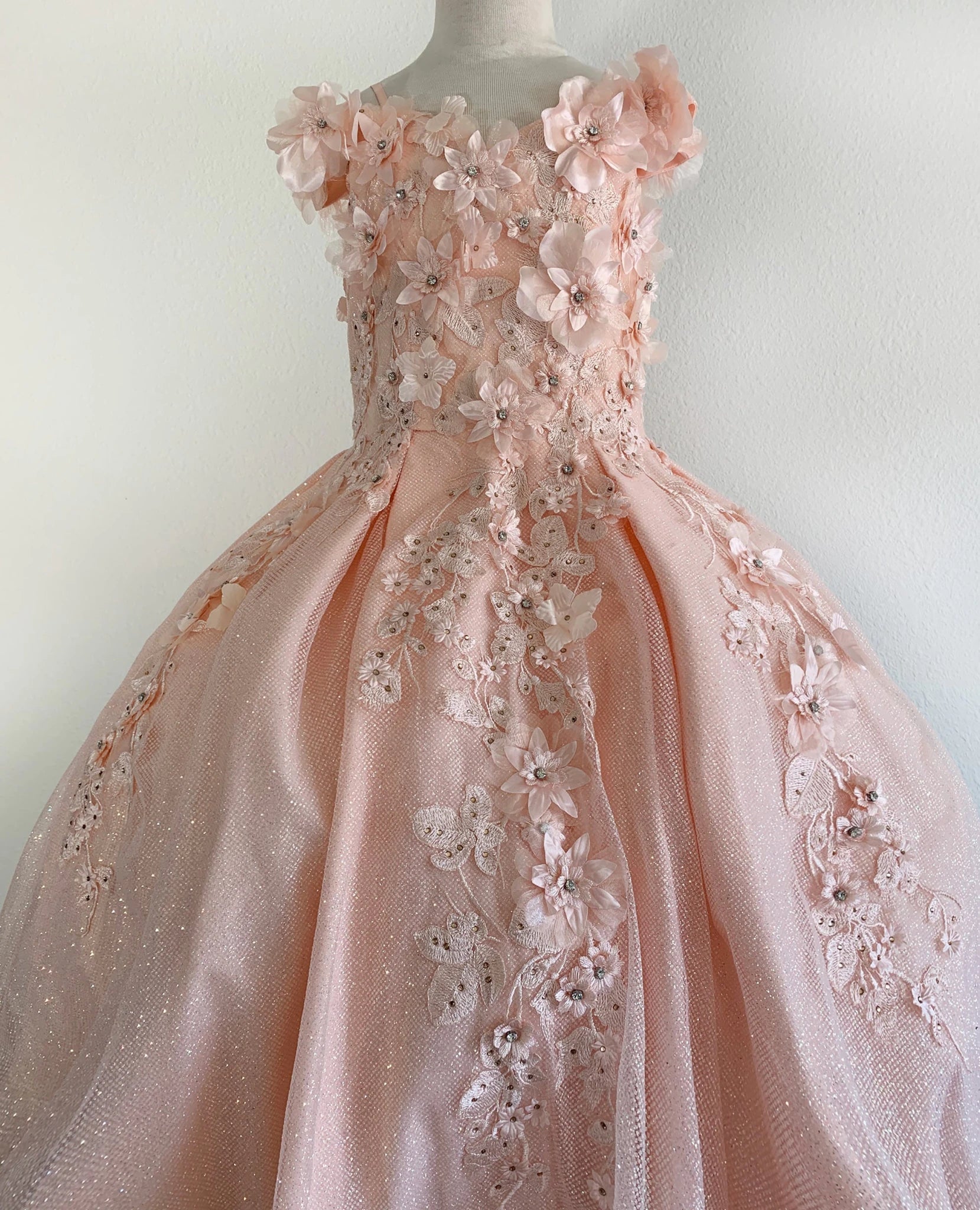 Mannequin front-facing in blush ball gown with 3D floral appliqué bodice, glitter accents, and voluminous full-length skirt