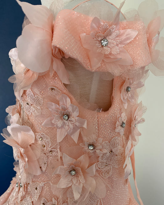 Decorative pink dress with floral and bow details on a blue and white gradient background