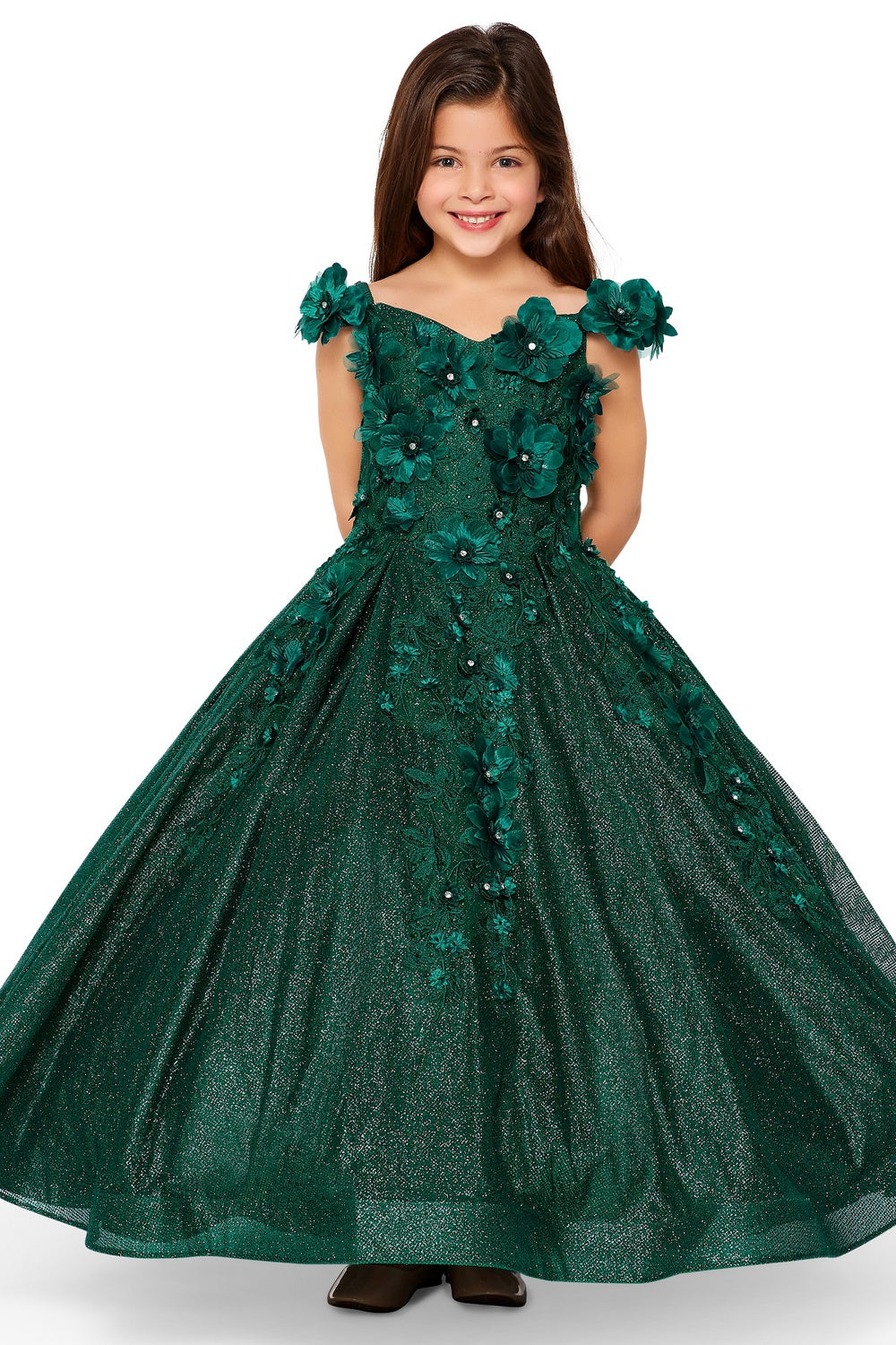 Mini Quince | Hunter Green Elegant 3D Stone, Pearl Embellishments Mini Quinceanera 3-Anos Ballgown | Anaya dress | 6 Colors Available front