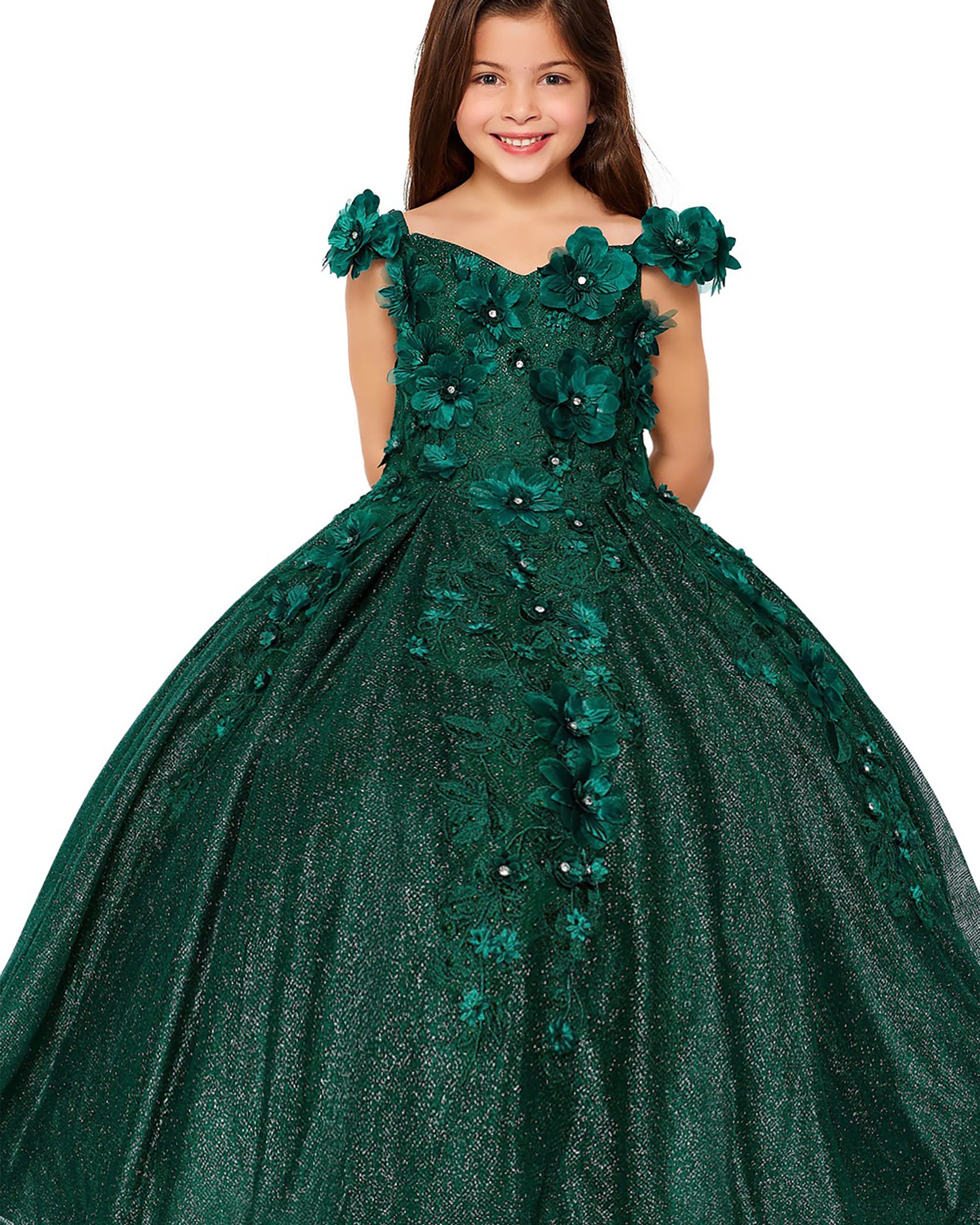 kid wearing a Green ball gown with floral details on a white background