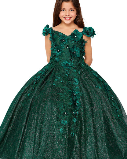 kid wearing a Green ball gown with floral details on a white background