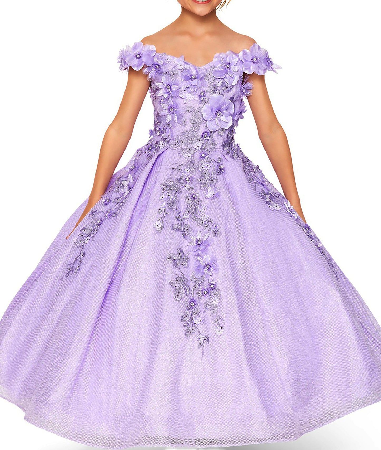 Lilac Elegant 3D Stone, Pearl Embellishments Mini Quinceanera 3-Anos Ballgown front view