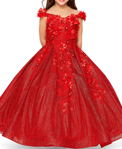 Red Elegant 3D Stone, Pearl Embellishments Mini Quinceanera 3-Anos Ballgown front view