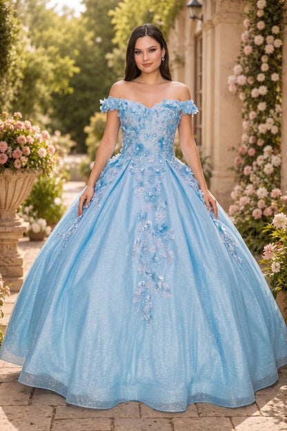 Shown in a front view, the Light Blue quinceañera dress has off-shoulder floral bodice and pleated glitter ball skirt.