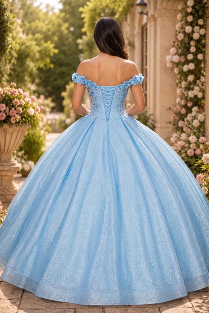 Displayed in a back view, the Light Blue quinceañera dress has lace-up back and long pleated glitter skirt.