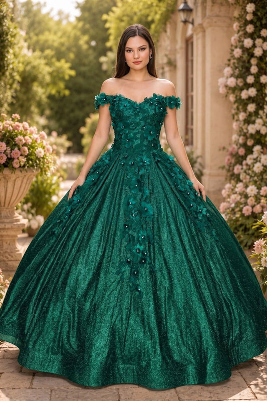 Shown in a front view, the Hunter Green quinceañera dress has off-shoulder floral details and pleated glitter skirt.