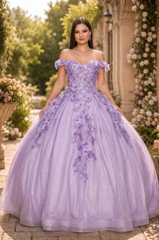 Shown in a front view, the Lilac quinceañera dress has off-shoulder floral bodice and full pleated ball skirt.