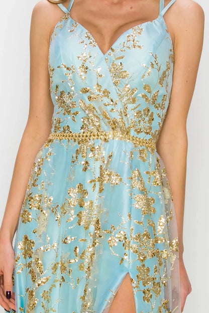 Close-up of blue floral glitter bodice with spaghetti straps and beaded belt.