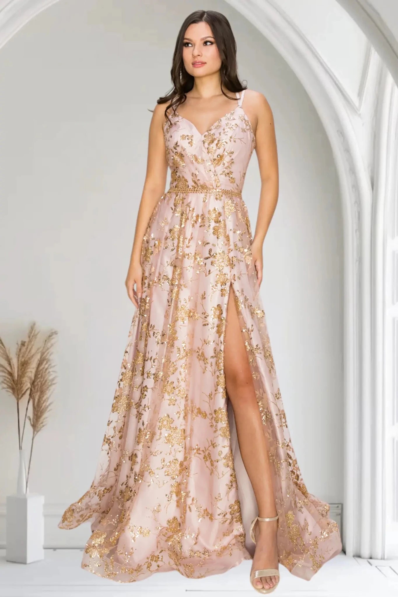 Dusty Rose Evening Dress with Beaded Thin Belt Waistline M / Dusty Rose