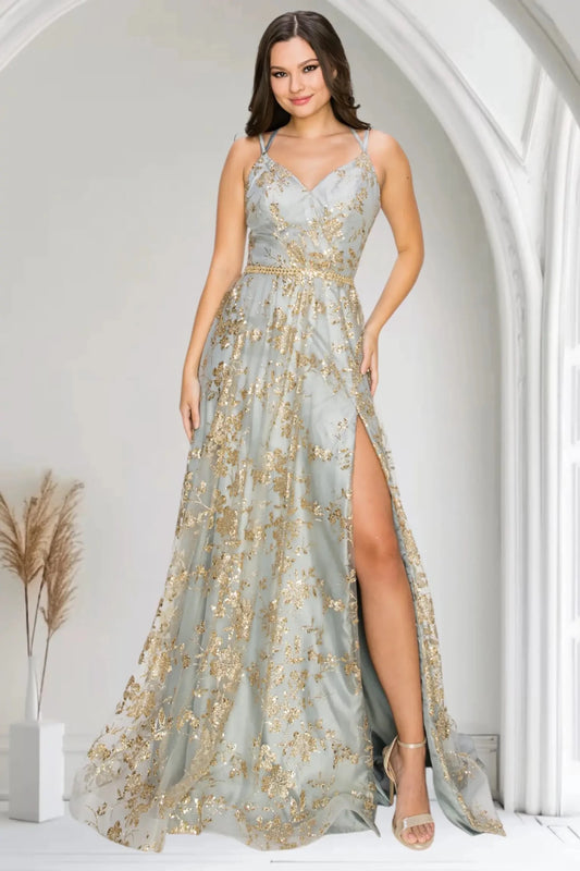 Full front view of a women wearing silver glitter A-line prom dress with V-neck bodice and slit.
