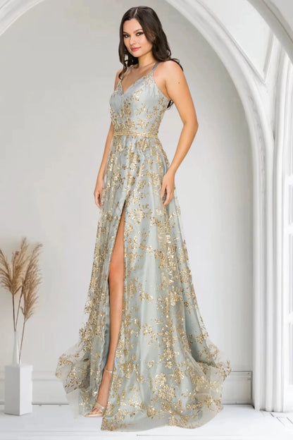 Full length- view of silver formal dress with lace-up open length- and train.