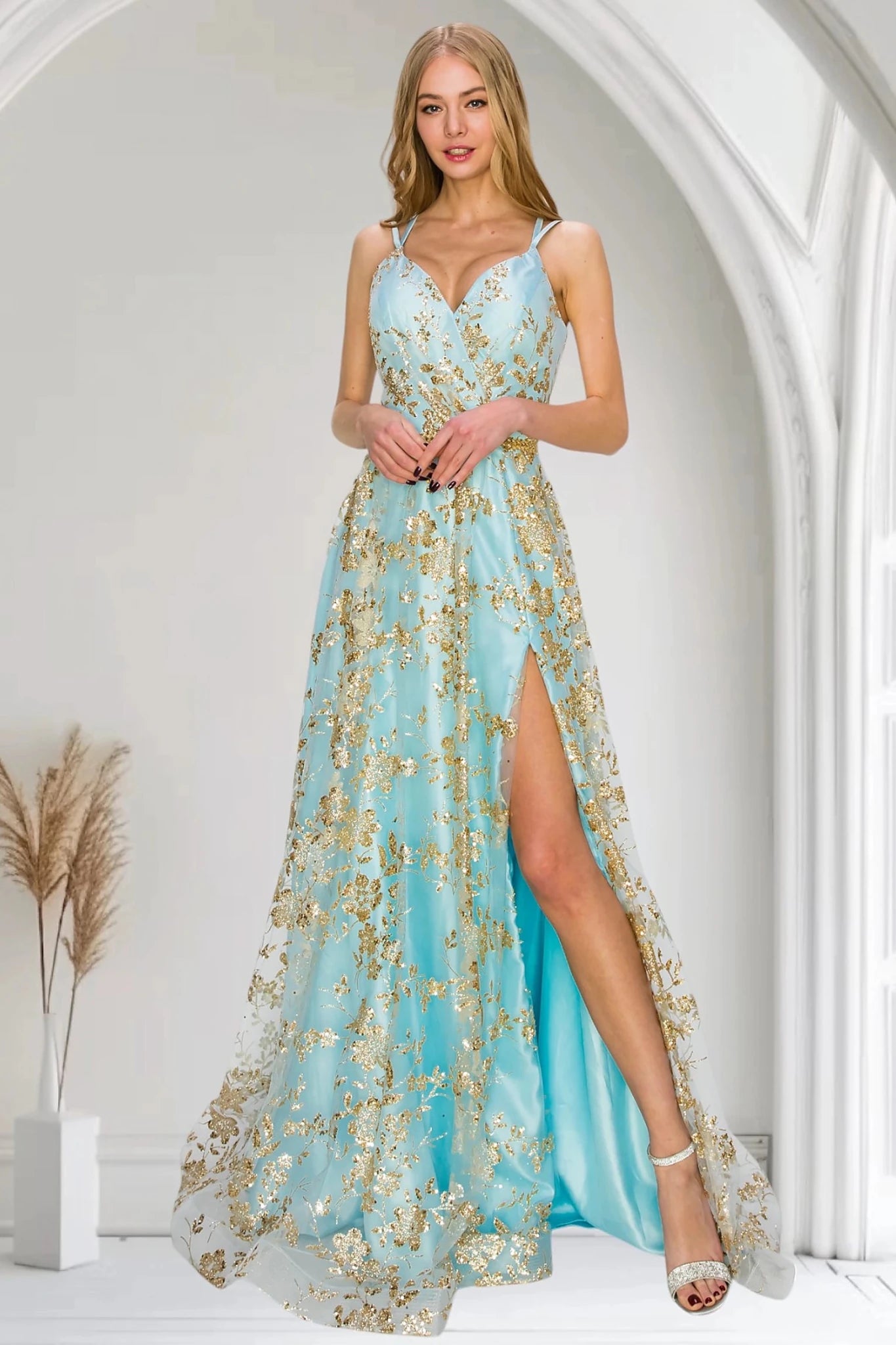 Blue evening dress with A-line skirt, thigh-high slit and sweeping train