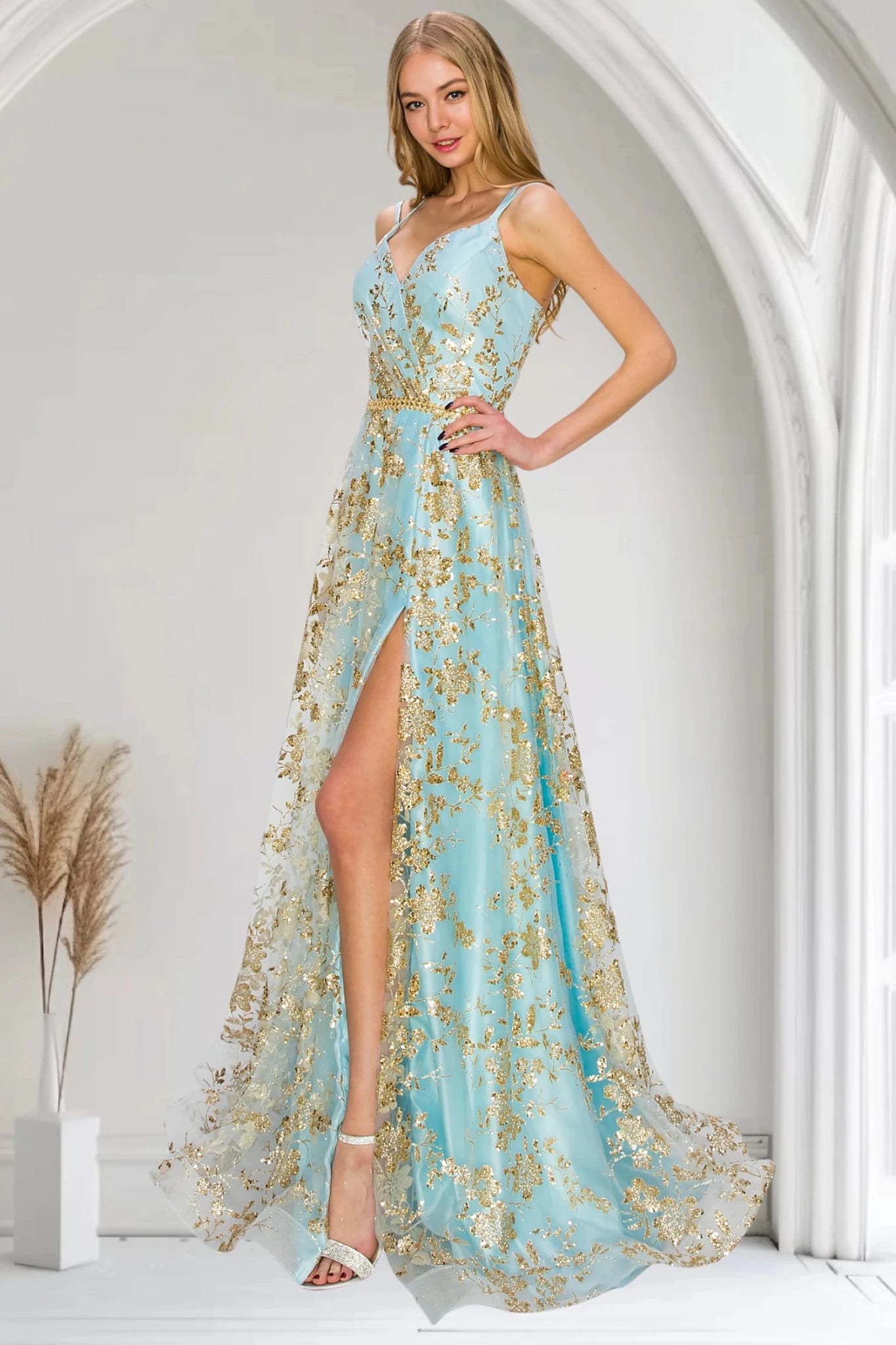 Blue evening dress styled with beaded thin belt waistline silhouette