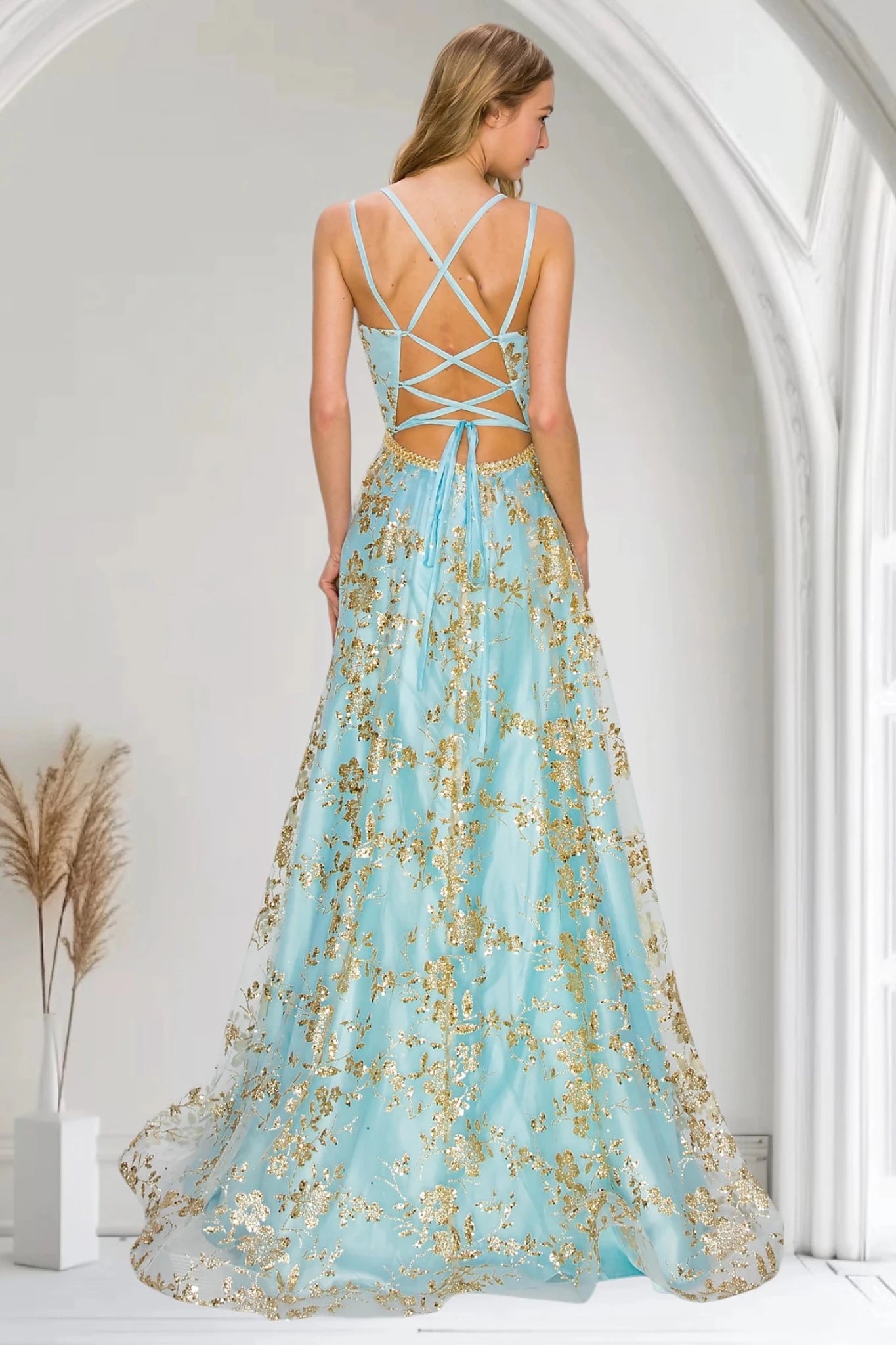 Blue evening dress open back lace-up strappy with zipper closure