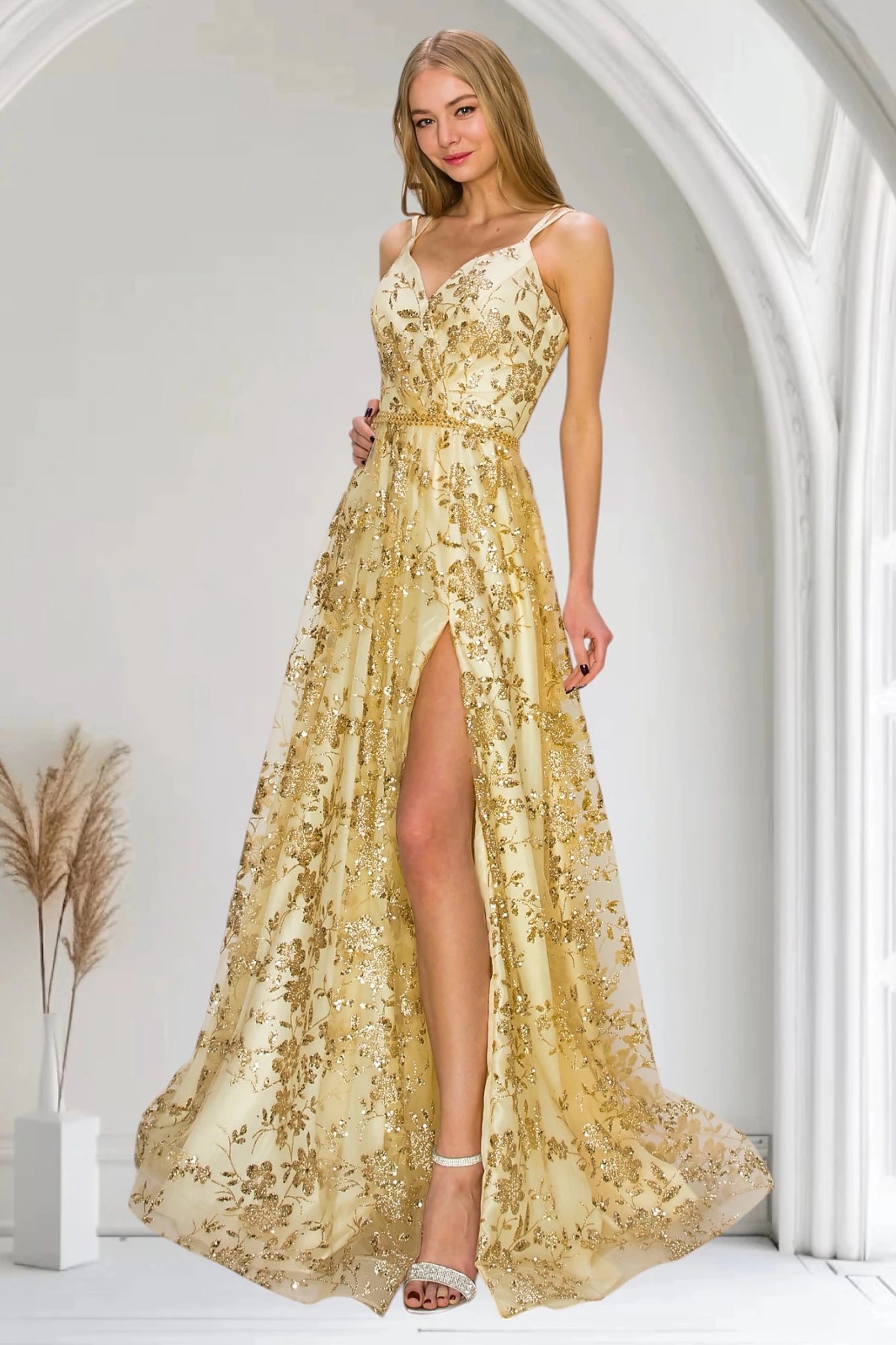 Champagne evening dress with A-line skirt, thigh-high slit and sweeping train