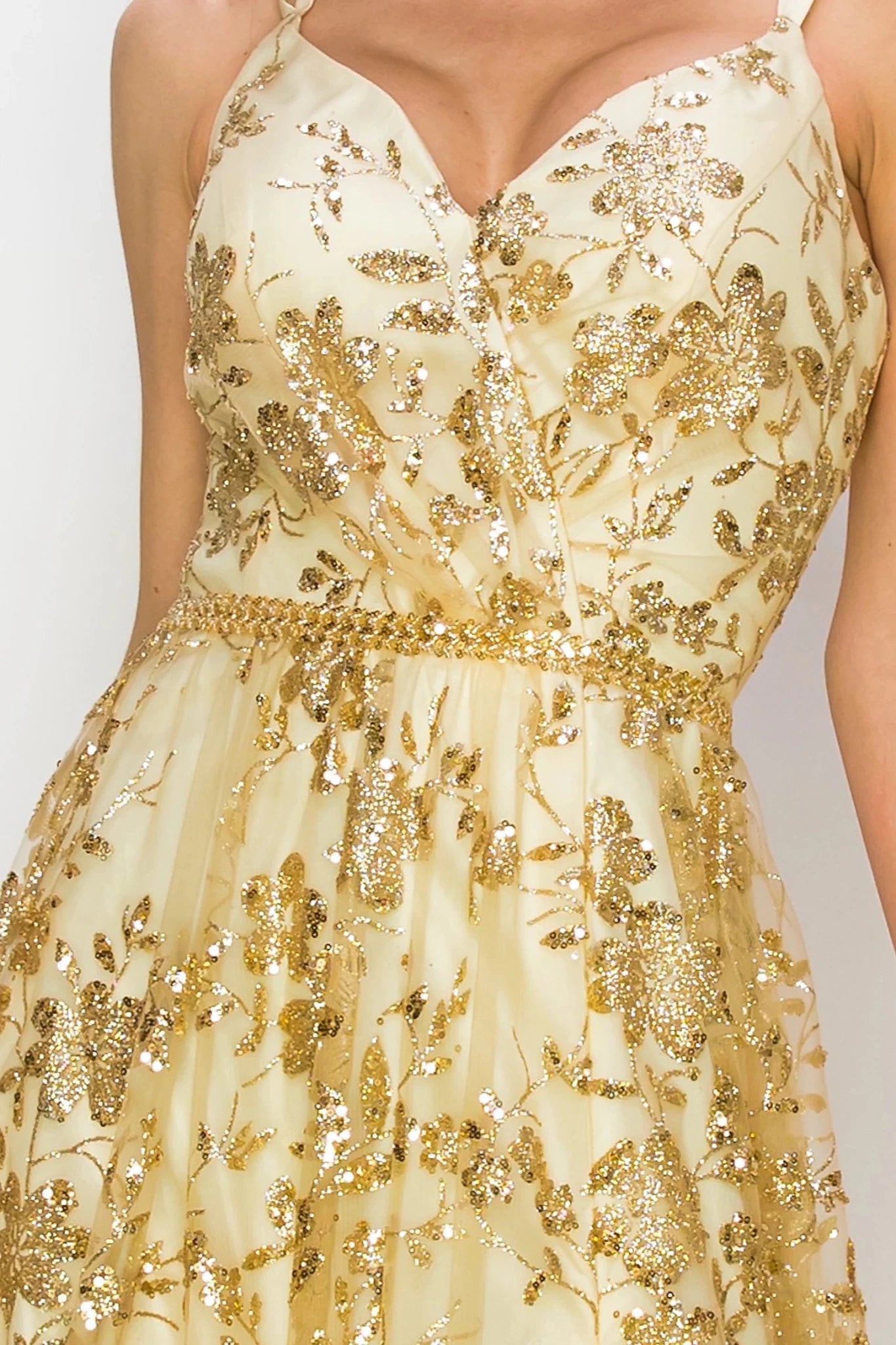 Champagne evening dress styled with beaded thin belt waistline silhouette