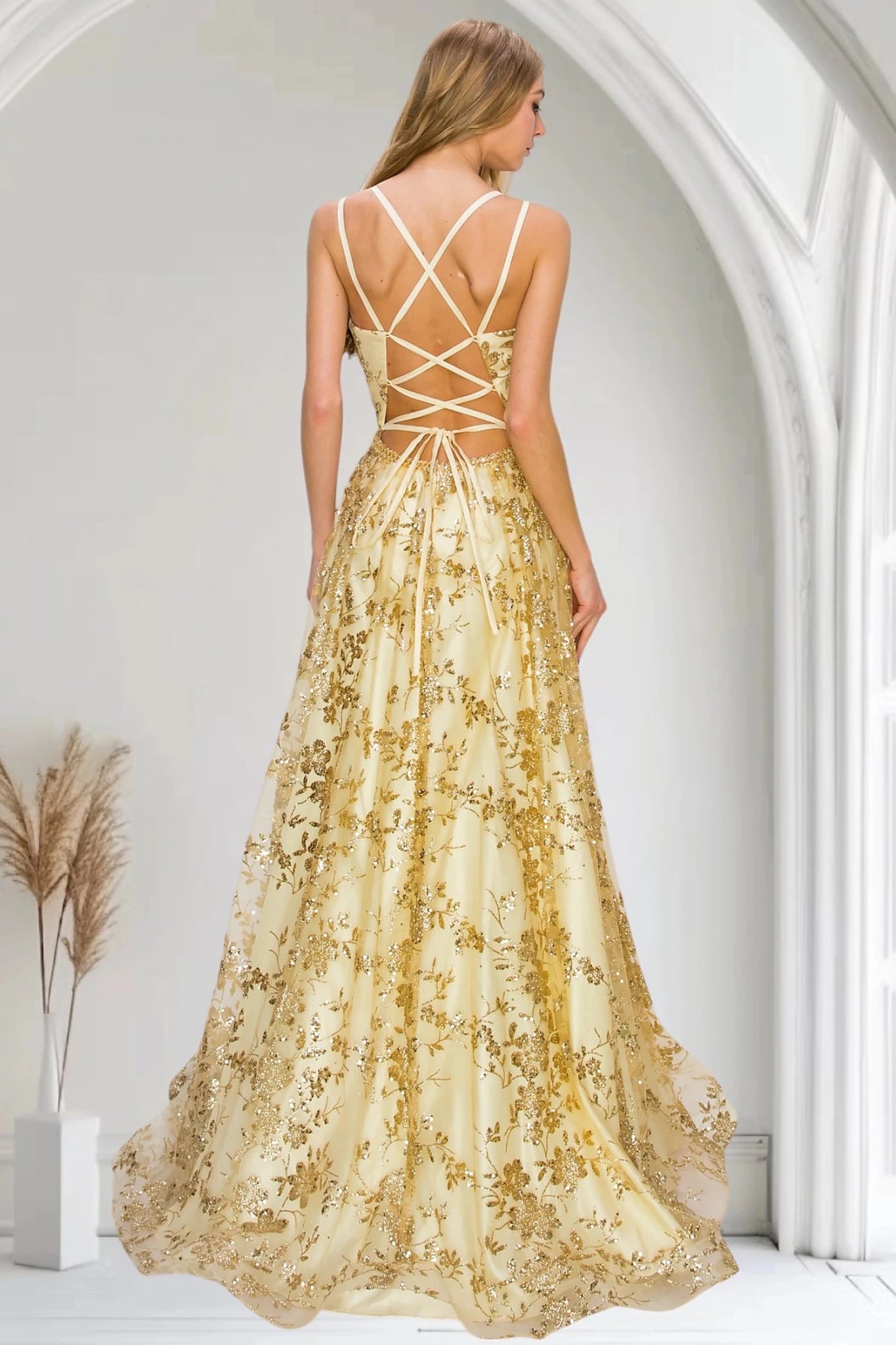 Champagne evening dress open back lace-up strappy with zipper closure