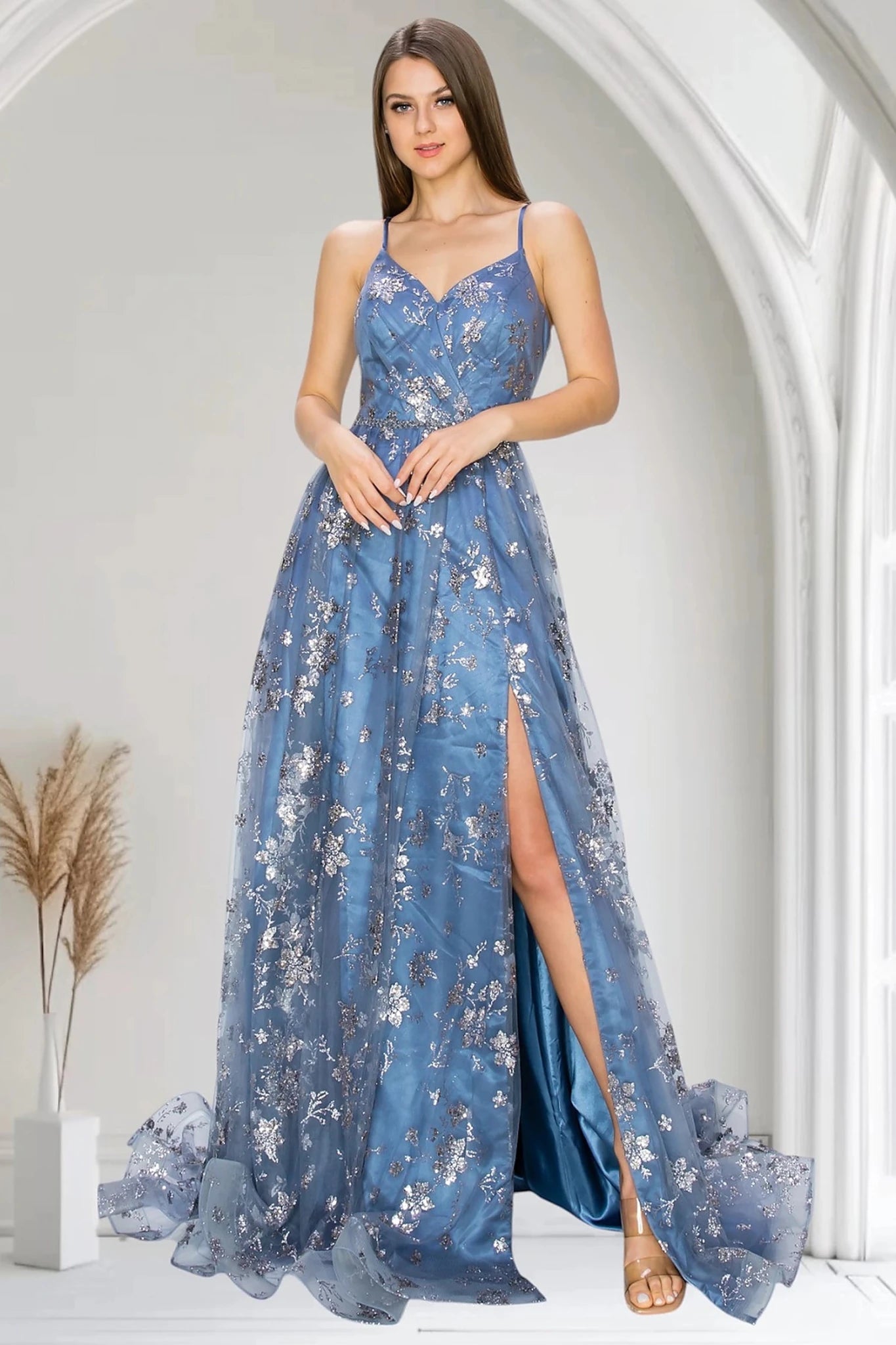 Dusty Blue evening dress with sleeveless bodice in floral glitter print and sequins