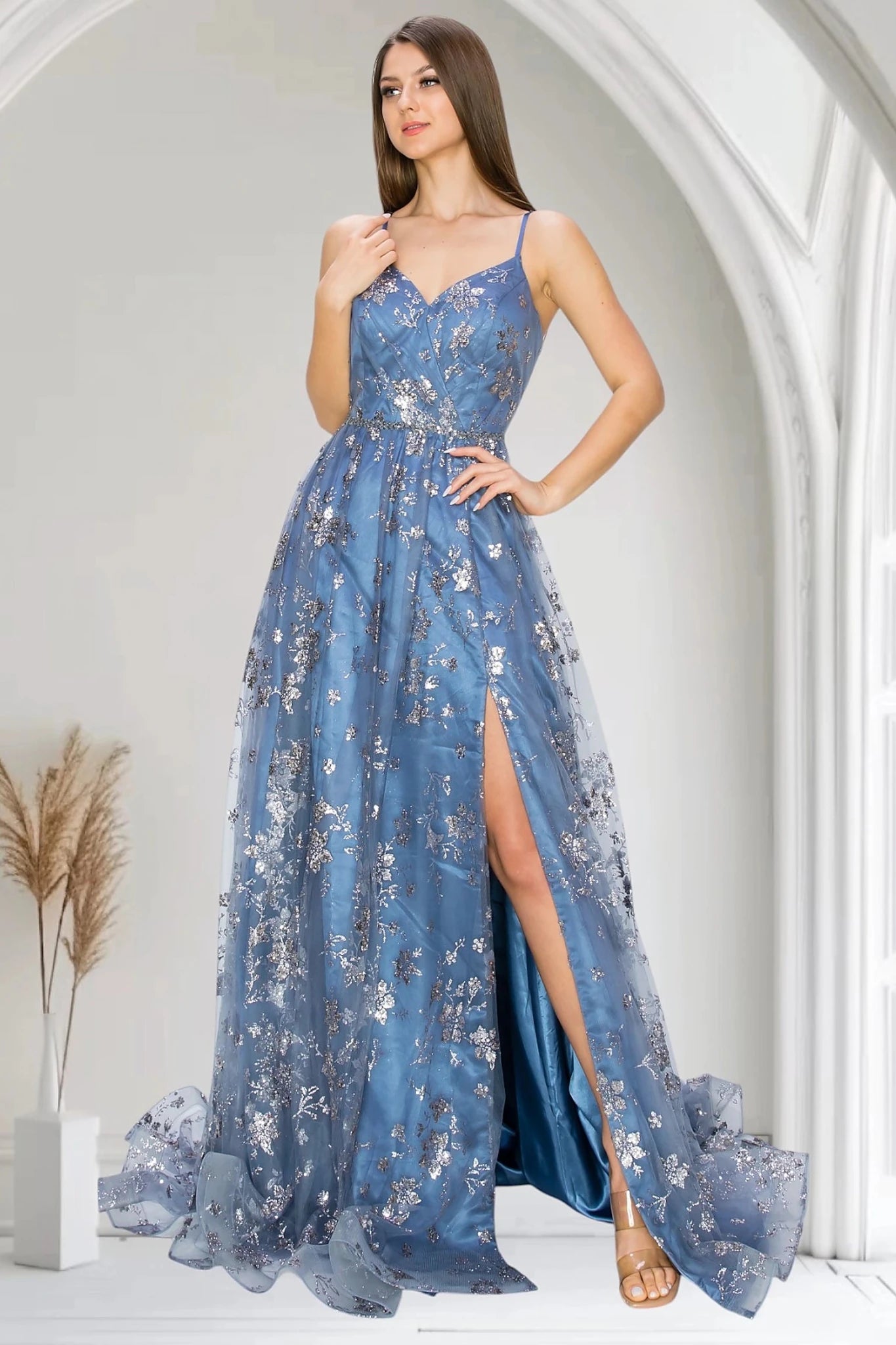 Dusty Blue evening dress with sleeveless bodice in high slit design