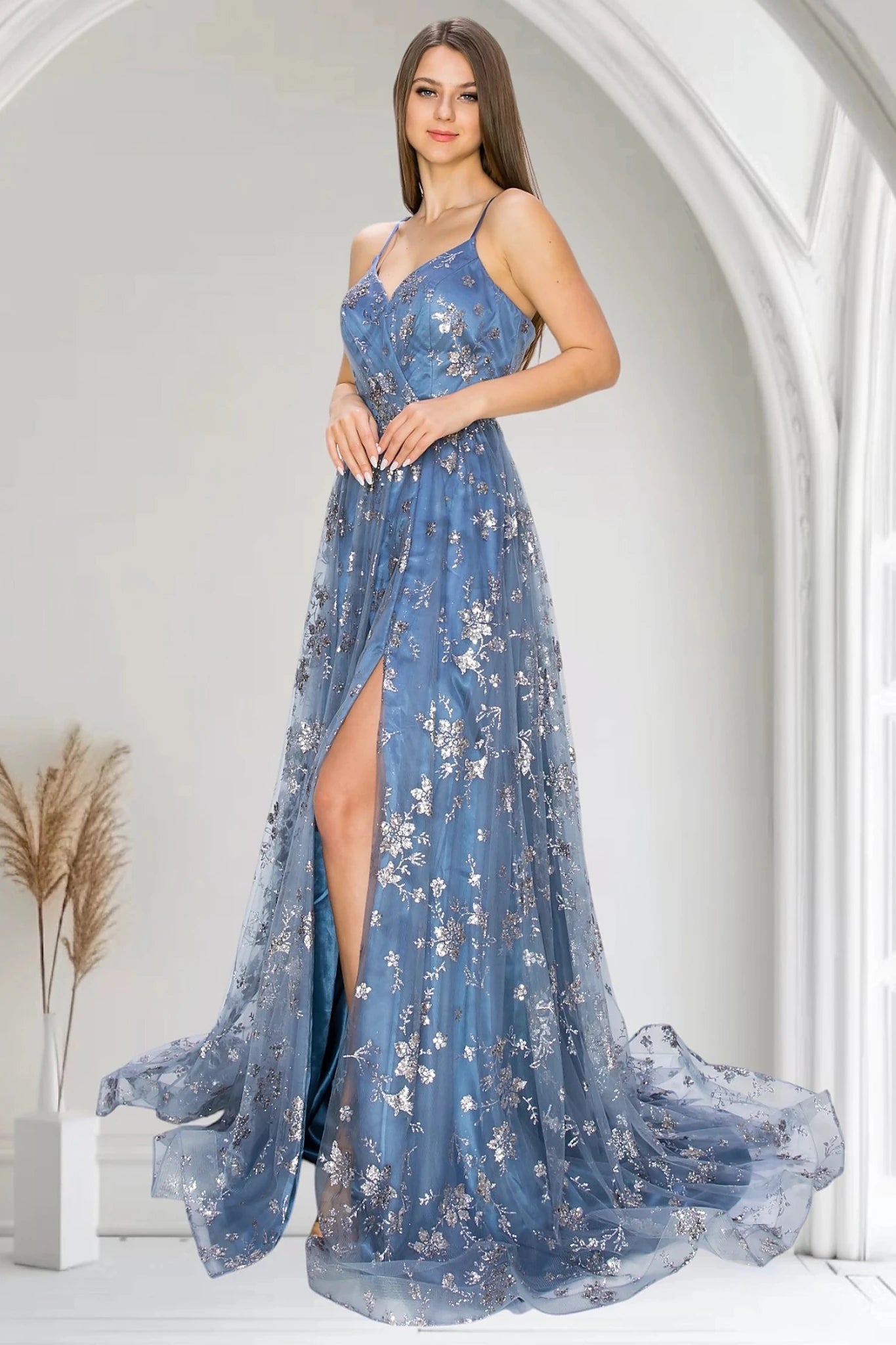 Dusty Blue evening dress with A-line skirt, thigh-high slit and sweeping train