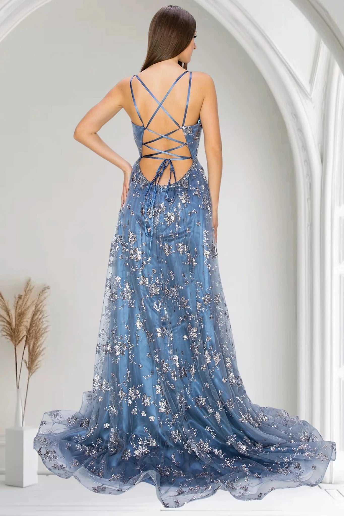 Dusty Blue evening dress open back lace-up strappy with zipper closure