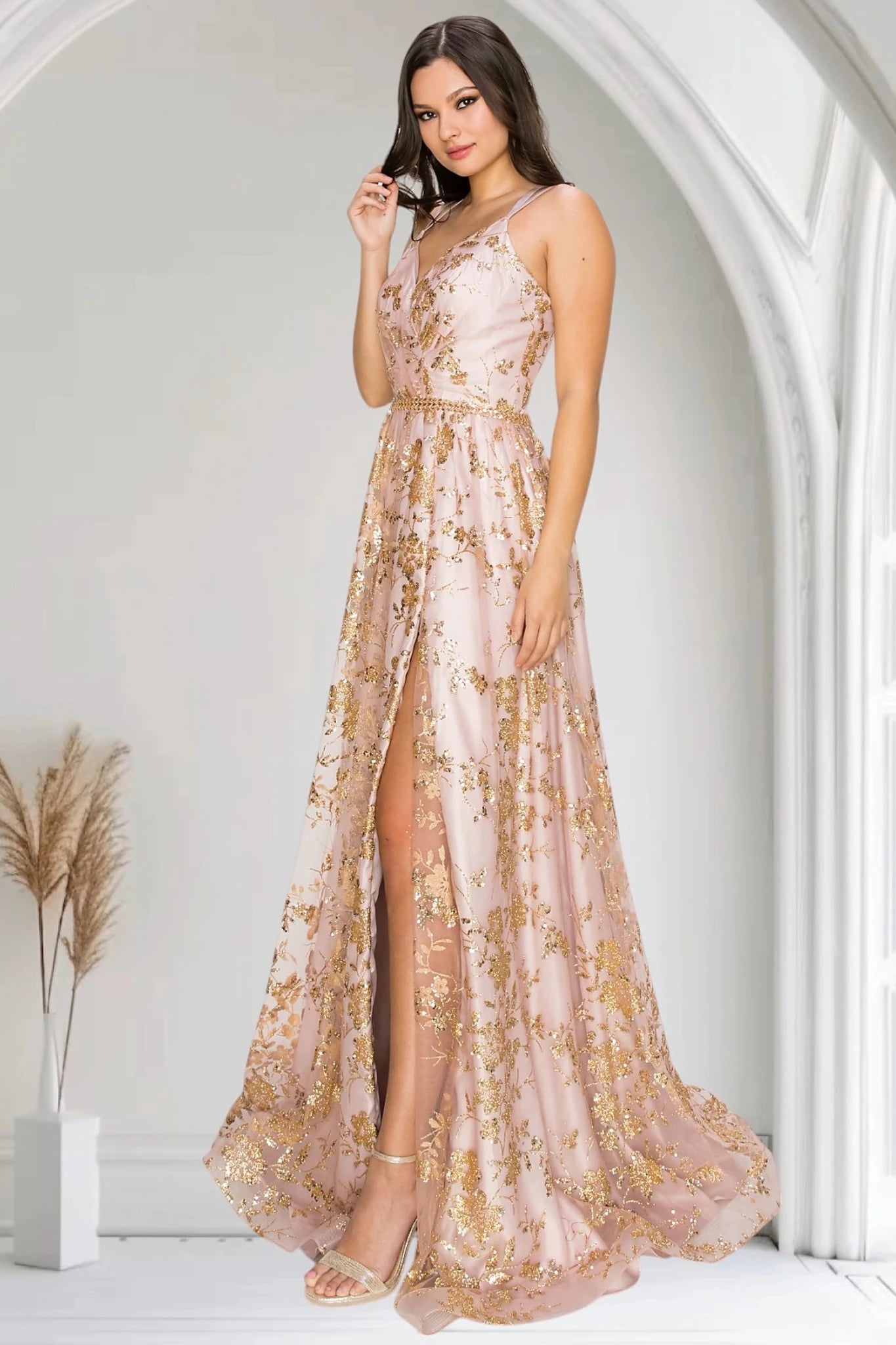 Dusty Rose evening dress with A-line skirt, thigh-high slit and sweeping train