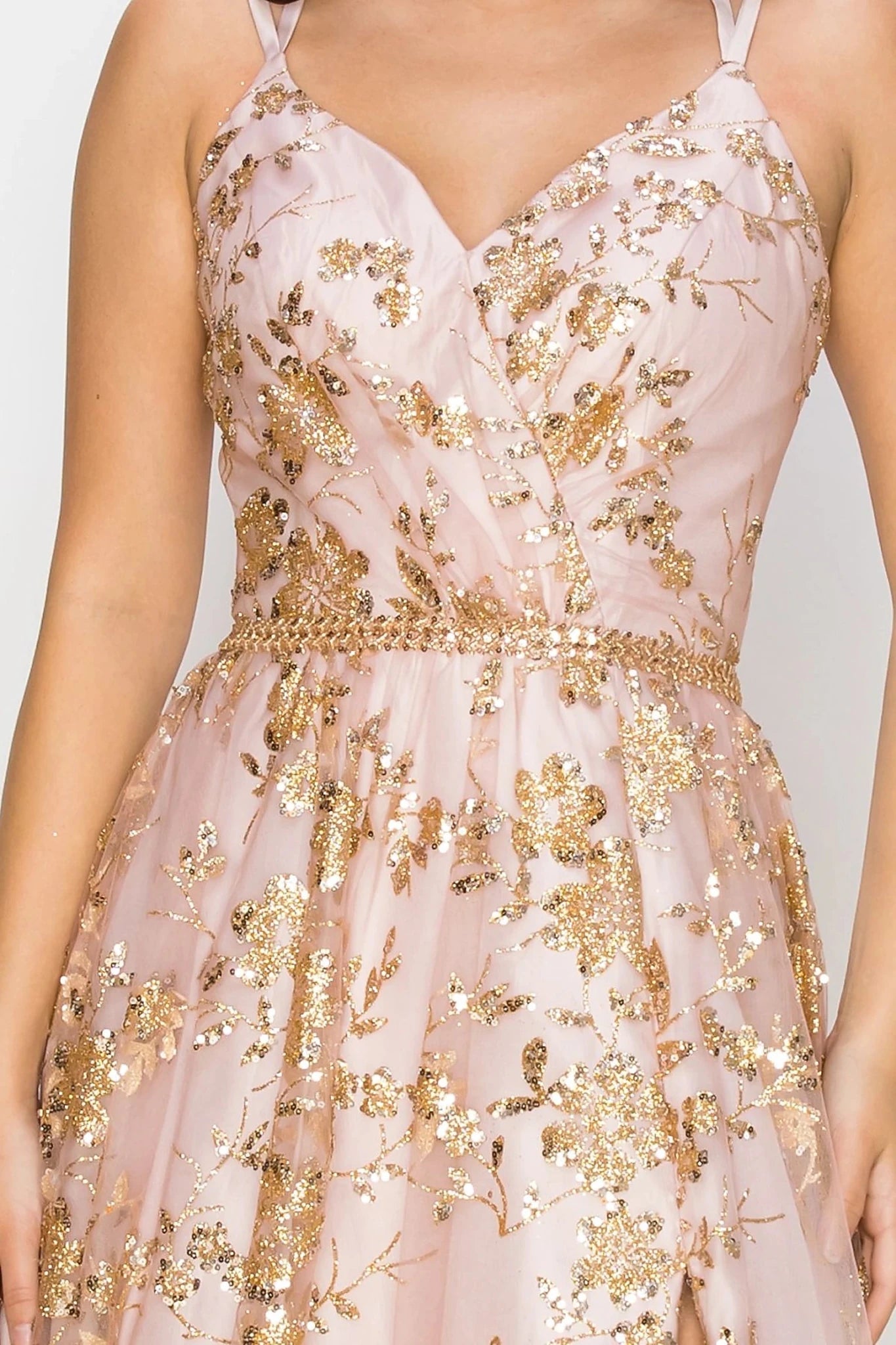 Dusty Rose evening dress with V-neckline with dual spaghetti straps