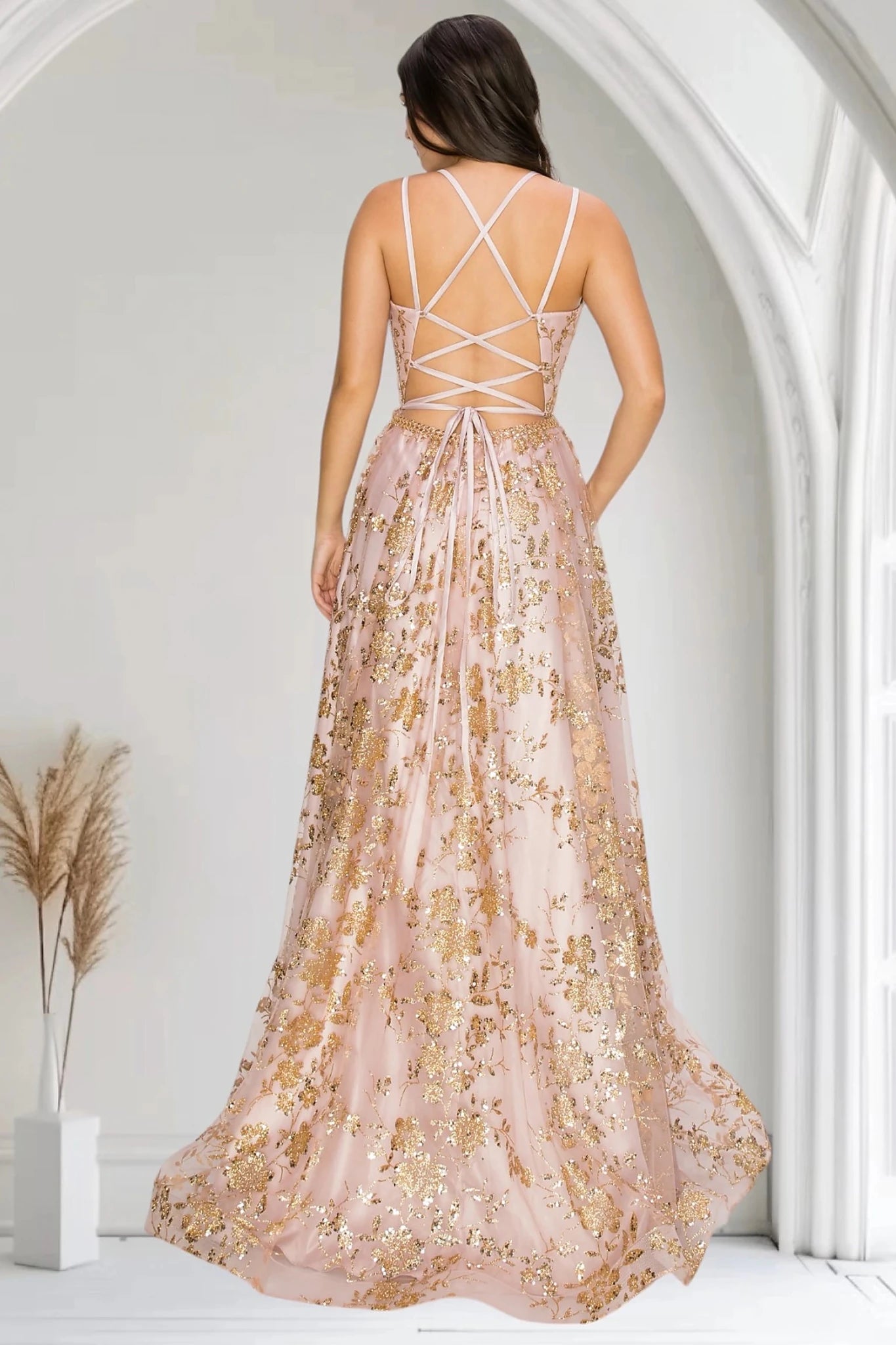 Dusty Rose evening dress open back lace-up strappy with zipper closure