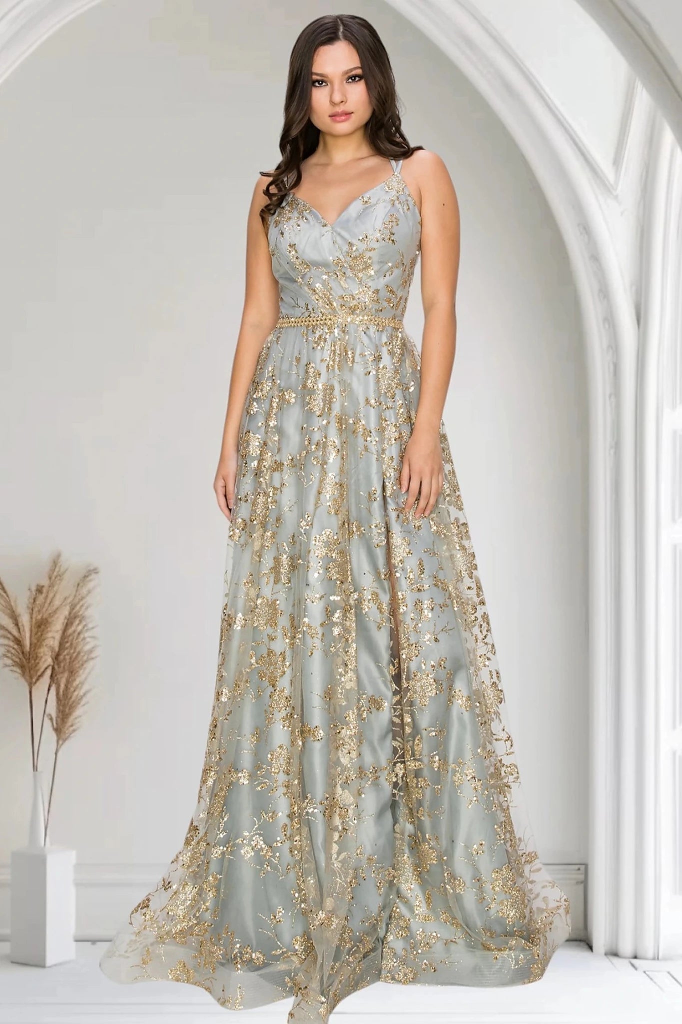 Silver evening gown with sleeveless bodice in floral glitter print and sequins