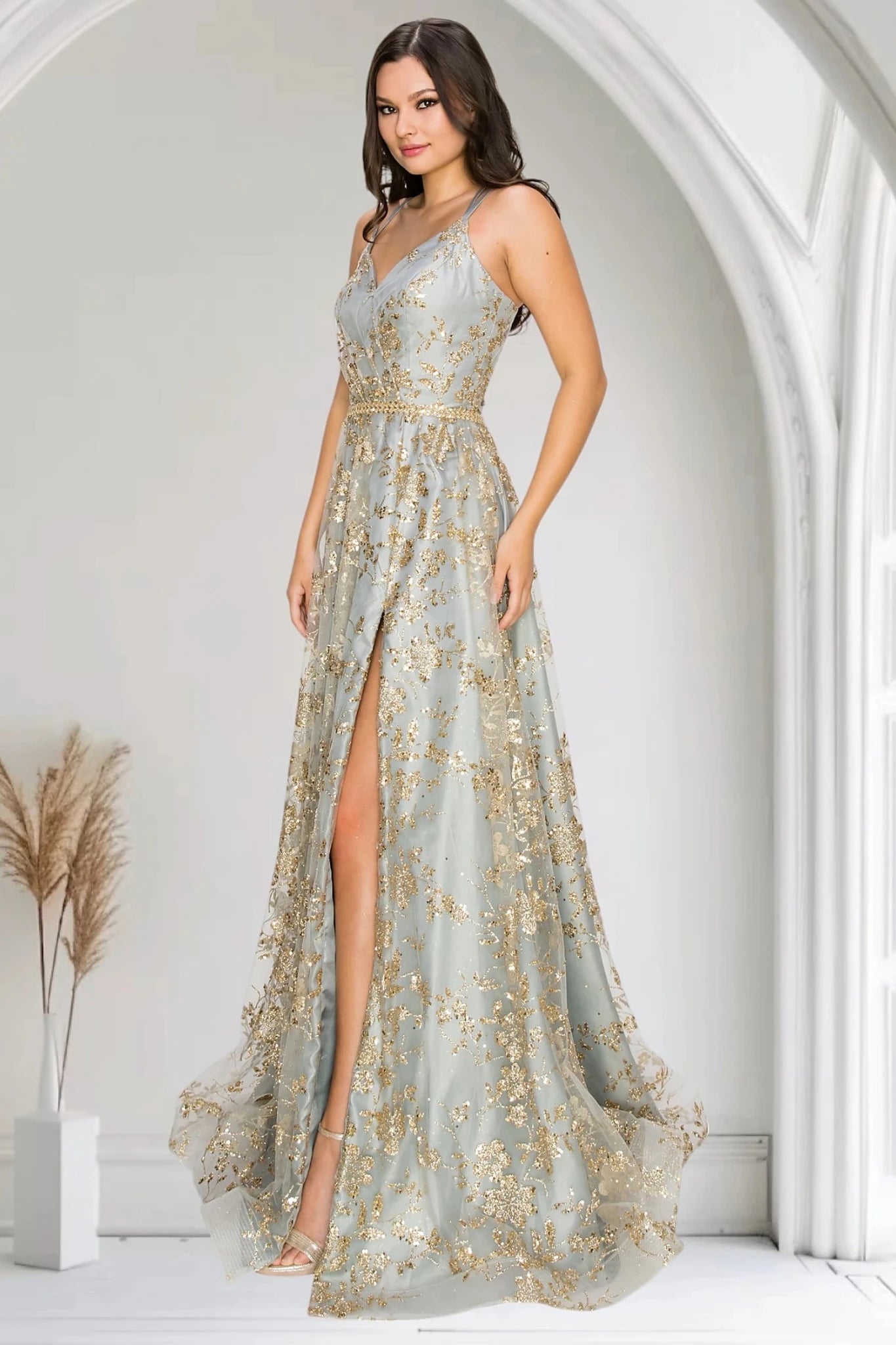 Silver evening gown with A-line skirt, thigh-high slit and sweeping train