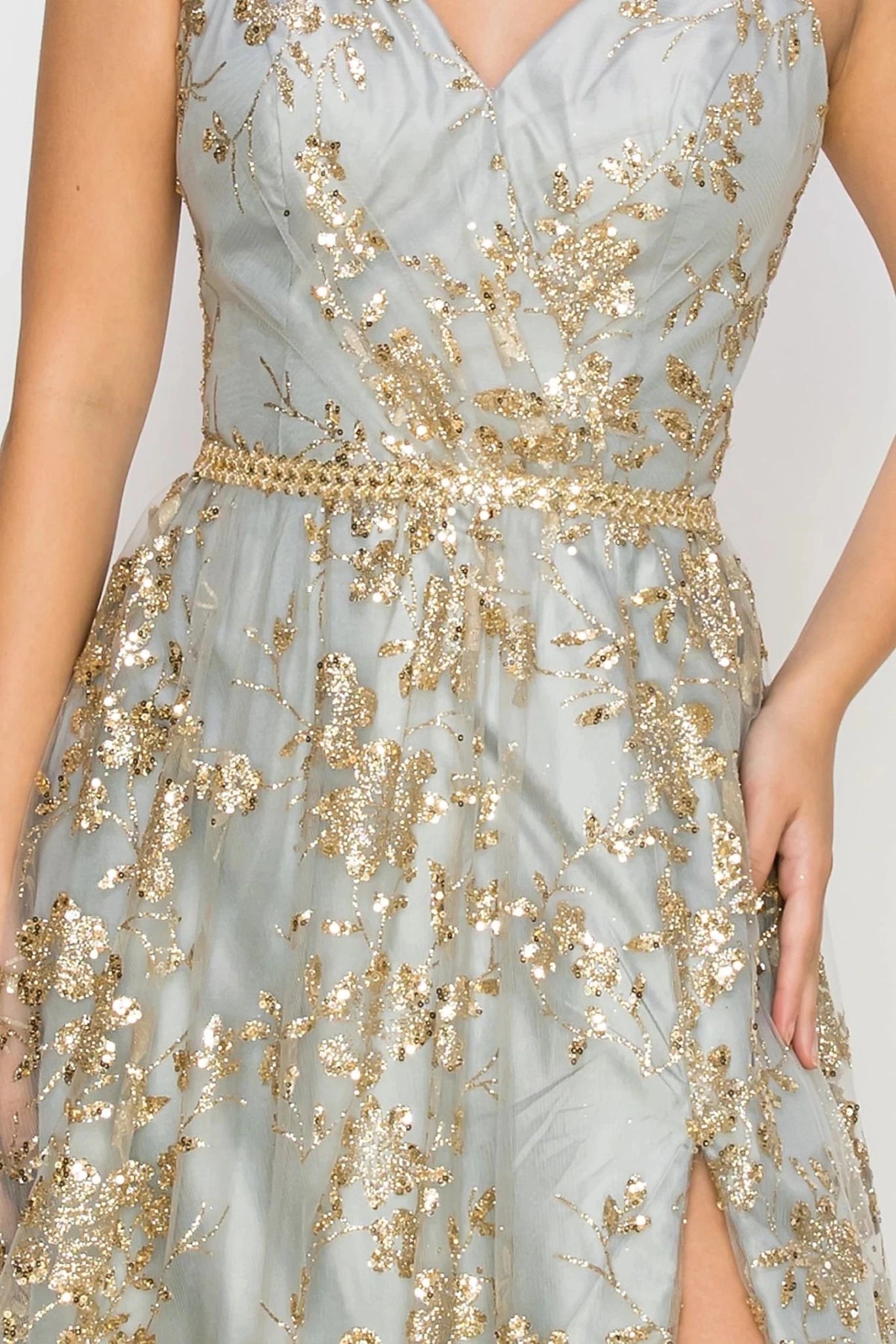 Silver evening gown styled with beaded thin belt waistline silhouette