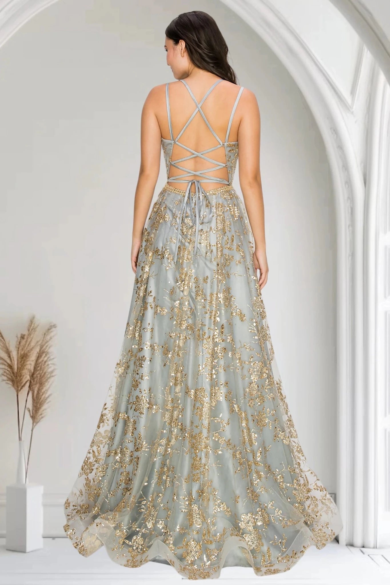 Silver evening gown open back lace-up strappy design with zipper closure