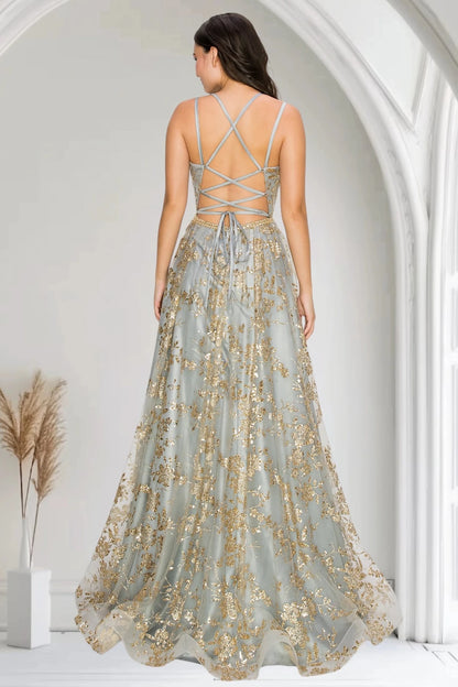 Rear view reveals silver evening gown open back lace-up strappy design with zipper closure.