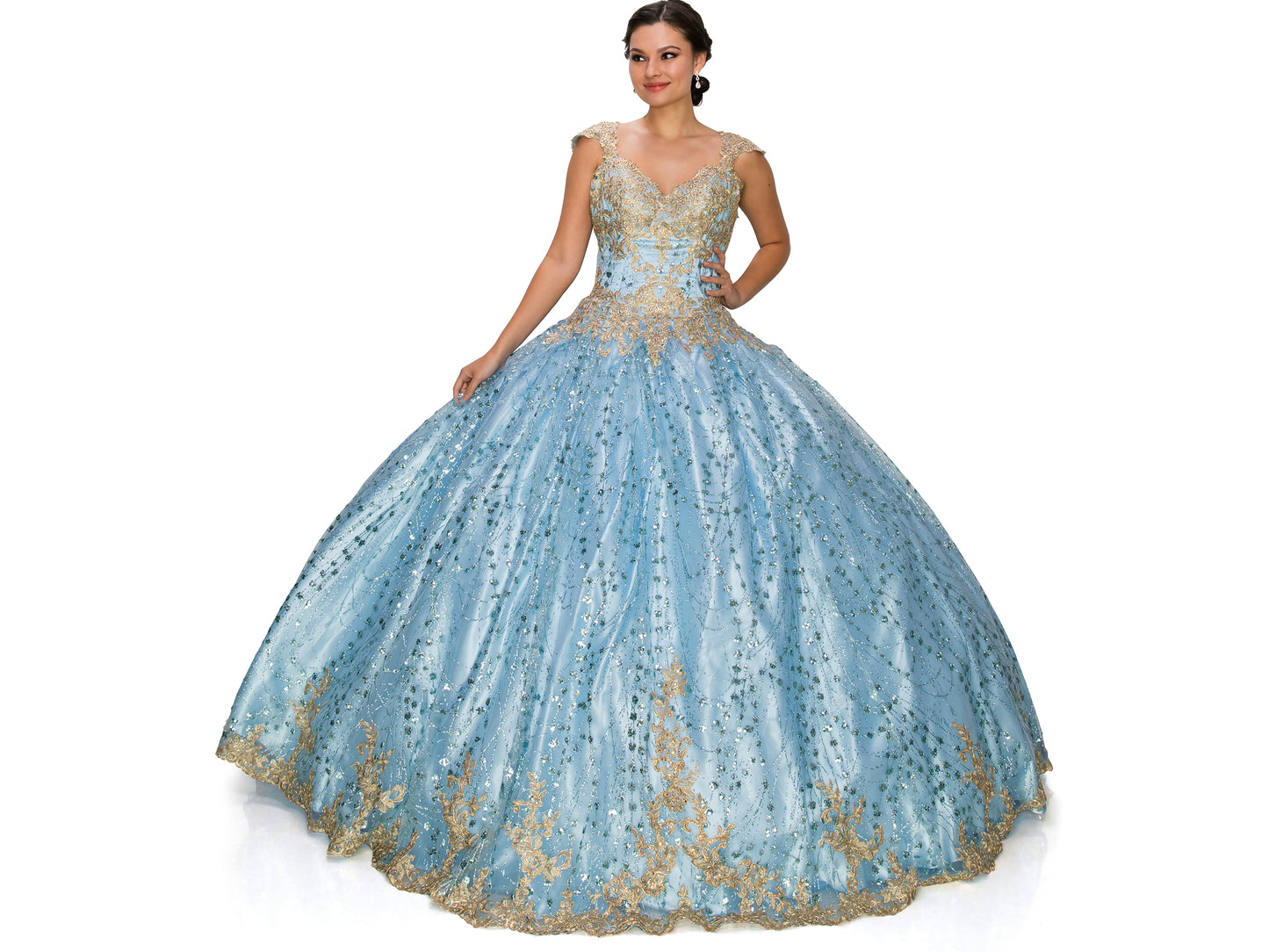 Blue Quinceanera | Illusion Glittered Tulle Satin with Gold Coil Lace studded floor-length ballgown - front view of woman wearing dress smiling with one hand on her hip