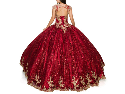 Burgundy Quinceanera | Illusion Glittered Tulle Satin with Gold Coil Lace studded floor-length ballgown - back view of woman wearing dress