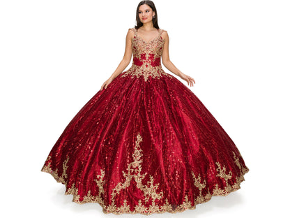 Burgundy Quinceanera | Illusion Glittered Tulle Satin with Gold Coil Lace studded floor-length ballgown - front view of woman wearing dress with hands at sides