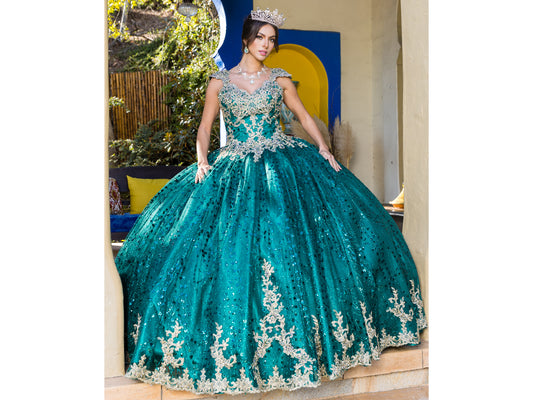 Hunter Green Quinceanera | Illusion Glittered Tulle Satin with Gold Coil Lace studded floor-length ballgown - front view of woman wearing dress and crown with hands at sides