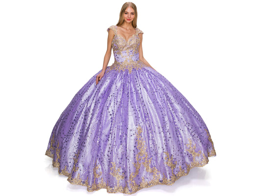 Lilac Quinceanera | Illusion Glittered Tulle Satin with Gold Coil Lace studded floor-length ballgown - front view of woman wearing dress with her hands at her sides