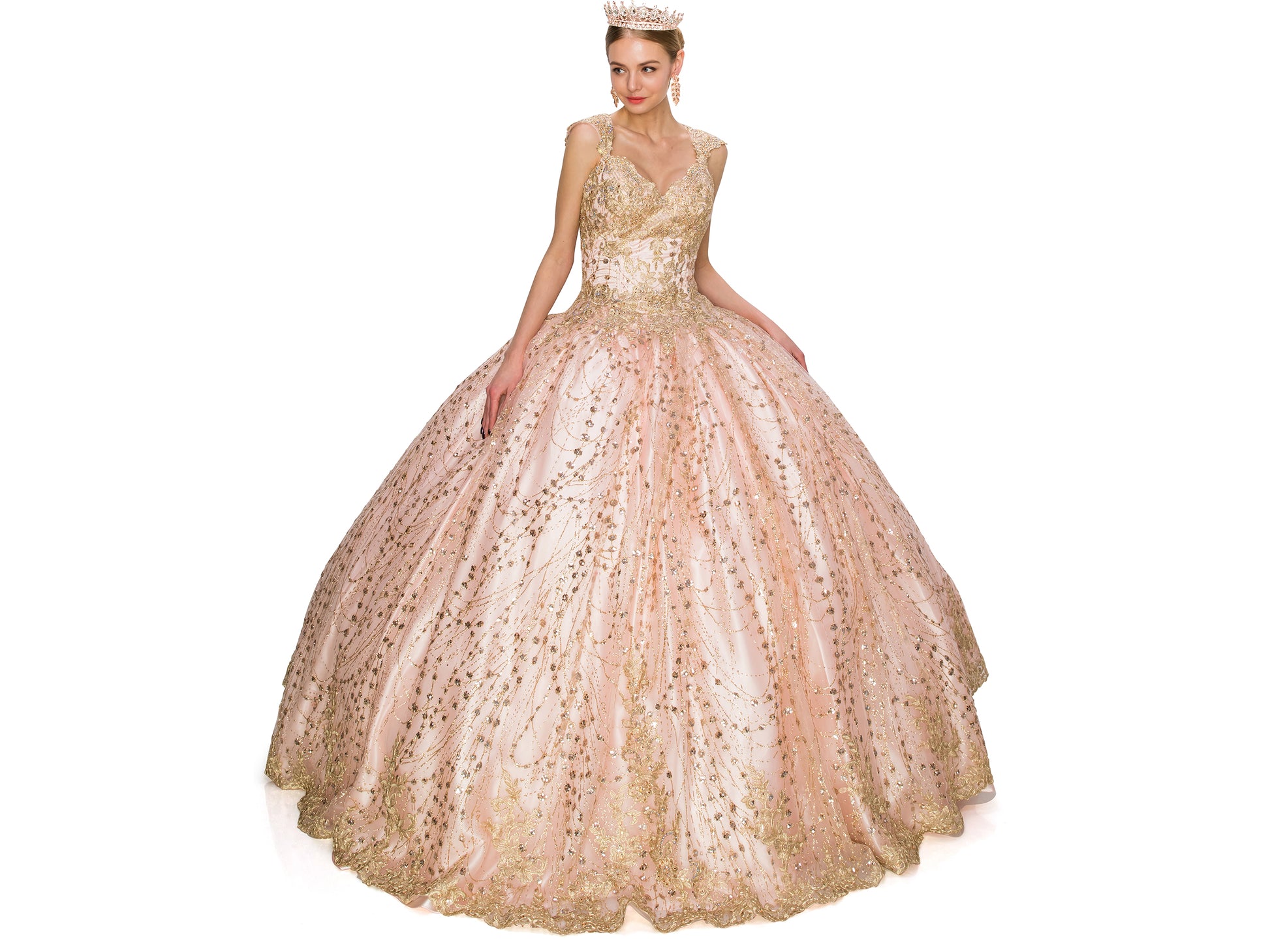 Rose Gold Quinceanera | Illusion Glittered Tulle Satin with Gold Coil Lace studded floor-length ballgown - front view of woman wearing dress and crown