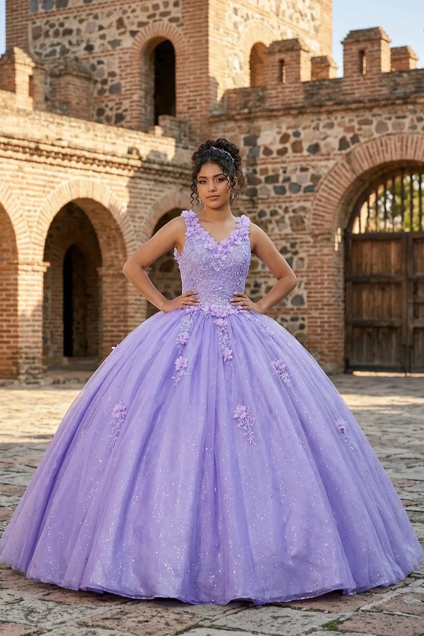 Front view of a lilac quinceanera dress with V-neckline, 3D floral appliques, sleeveless bodice, and layered glitter tulle skirt