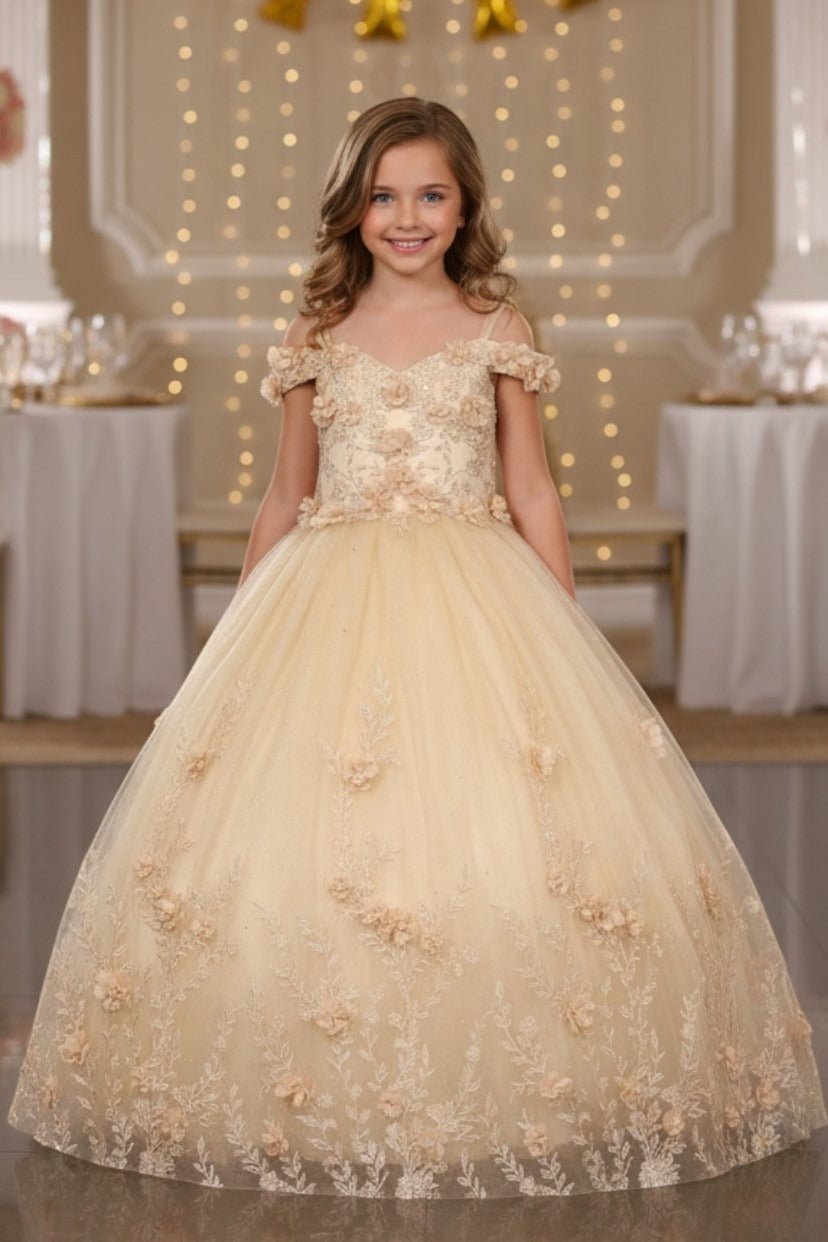 Champagne front view kids mini quinceañera mini quince dress with off-shoulder 3D floral applique and glitter lace tulle.