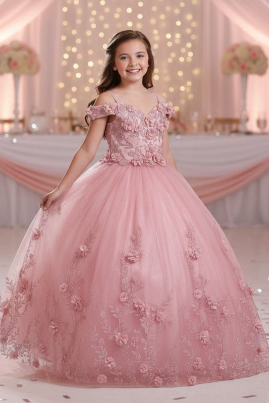 Dusty rose front view kids mini quinceañera mini quince dress with off-shoulder 3D floral applique and glitter lace tulle.