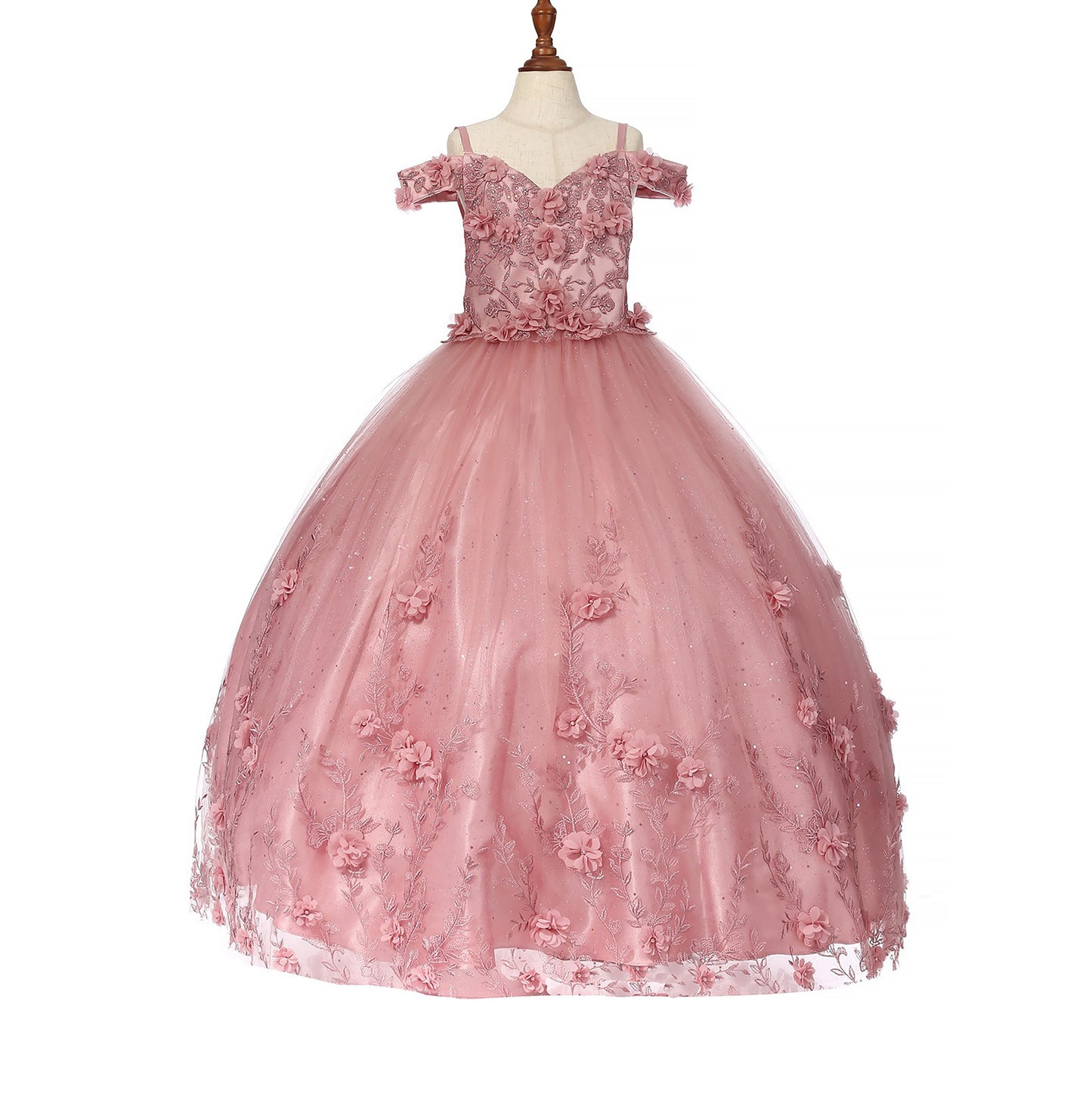 Dusty rose whole view kids mini quinceañera mini quince dress with off-shoulder 3D floral applique and glitter lace tulle.