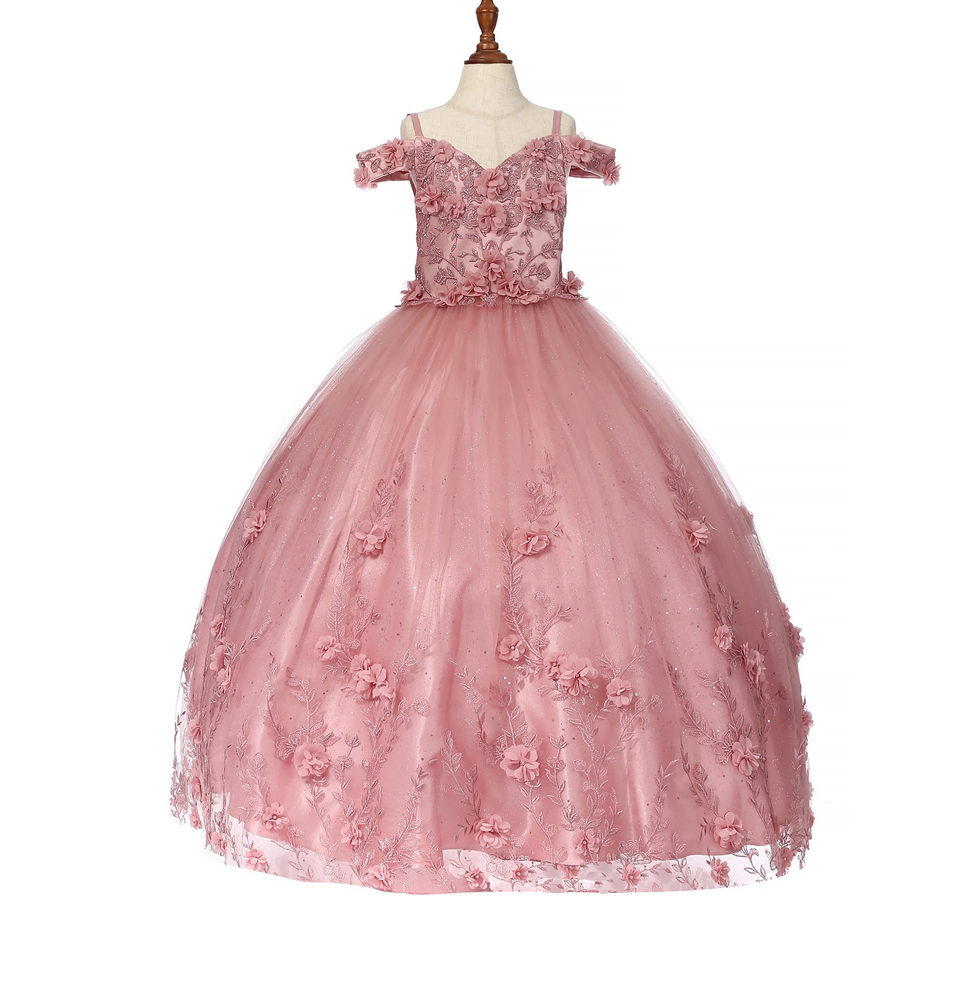 Dusty rose whole view kids mini quinceañera mini quince dress with off-shoulder 3D floral applique and glitter lace tulle.