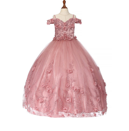 Detailed view highlights dusty rose whole view kids mini quinceañera mini quince dress with off-shoulder 3D floral applique.