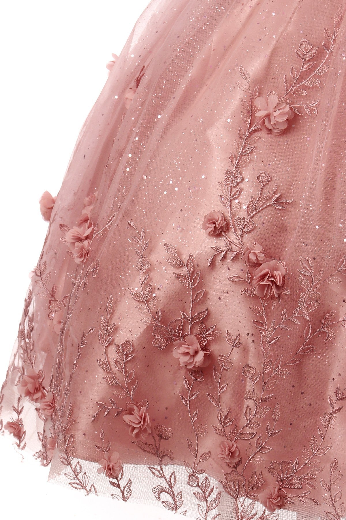 Dusty rose skirt zoom kids mini quinceañera mini quince dress with off-shoulder 3D floral applique and glitter lace tulle.